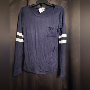 Bozzolo Navy Blue Long Sleeve Tee with White Sleeve Stripes | Pocket Top Women L